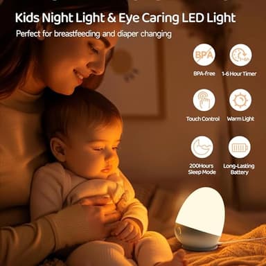 ZUZUKID Touch Egg Night Light for Baby Nursery, Rechargeable Portable Kids Nightlight Lamp with 1-6H Feeding Timer, 3 Color Temperatures Dimmable, Ideal for New Moms of Toddlers - Image 2