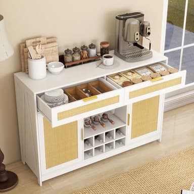 FTZxHKLX 51.2'' Rattan Coffee Bar Cabinet with Drawers and Storage, Boho Sideboard Buffet Cabinet with LED Lights, Wine Liquor Cabinet with Glass Holder and Wine Cellar for Dining Living Room, White - Image 4