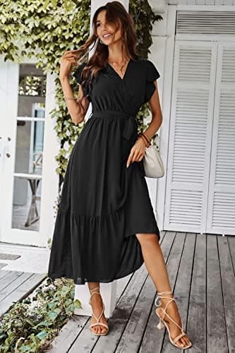 PRETTYGARDEN Women's Summer Floral Boho Maxi Dress Short Sleeve Wrap V Neck Ruffle Long Flowy Beach Wedding Guest Dresses - Image 5