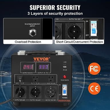 VEVOR Voltage Converter Transformer, 5000W, Heavy Duty Step Up/Down Transformer, Convert from 110 Volt to 220 Volt and from 220 Volt to 110 Volt, with US Outlet EU Outlet 5V USB Port, CE Certified - Image 4