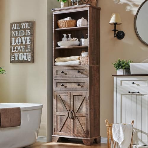 ACCOHOHO Farmhouse Bathroom Cabinet, 72" Tall Storage Cabinet with 2 Drawers, Adjustable Shelves & Barn Door, Cabinets for Bathroom, Living Room, Kitchen, Rustic Brown - Image 1