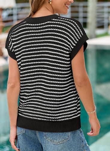 EVALESS Women's Sweater Short Sleeve Round Neck Basic Loose Fit Ribbed Knit Pullover Striped Sweaters 2025 Spring Clothes Color Black Stripe Large - Image 3