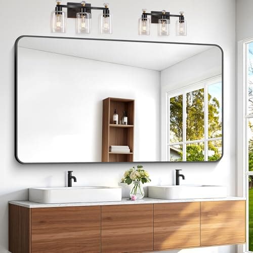 BONEWEI 60x36 inch Large Bathroom Mirror,Black Rectangle Mirror,Wall Mounted Bathroom Frame Vanity Mirror with Round Corner for Bedroom Living Room, Entryway Hangs Horizontal or Vertical - Image 1