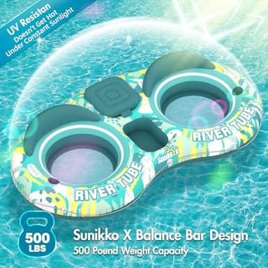 Sunikko X 5-in-1 Pool Floats Adult Heavy Duty River Tube, 2 Person Water Lounge with Backrests, Built-in Cooler, Cup Holders, Deluxe Pool Float for Summer Relaxation - Image 6