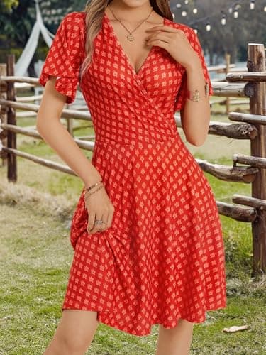 FENSACE Vacation Outfits for Women Summer Sun Resort Boho Dress for Women(Red Floral-64,Small) - Image 4