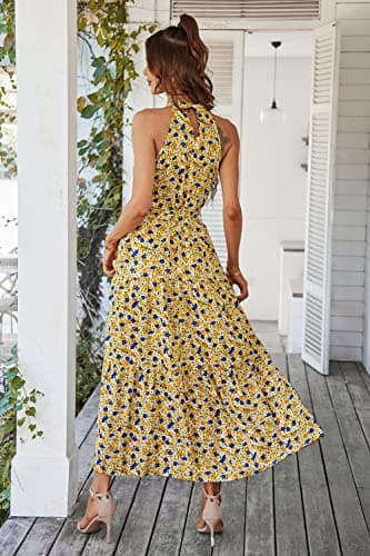 PRETTYGARDEN Women's Summer Floral Maxi Sun Dress Sleeveless Halter Neck Flowy Ruffle Hem Long Boho Dresses with Belt (Floral Yellow,Large) - Image 3