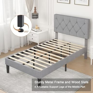 VECELO Twin Bed Frame with Button Tufted Headboard, Upholstered Platform with Wooden Slat Support, No Box Spring Needed, Grey - Image 7