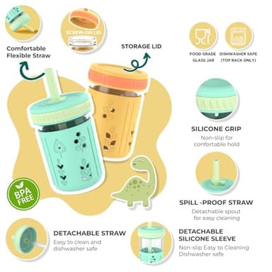 Tronco 8 oz Glass Sippy Cup for Toddlers, Kids Mason Jar Smoothie Cup with Silicone Sleeves & Spill Resistant Flexible Straw, Snack Cup, BPA-Free, Dishwasher Safe - Image 2