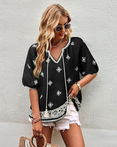 Vivilli Boho Tops for Women: Flowy Casual Top Peasant Blouses Floral Top Short Sleeve Shirts Summer Shirts Crochet V Neck Beach Vacation Clothes Bohemian Tops Hawaiian Outfits Women's Clothing Black L - Image 5