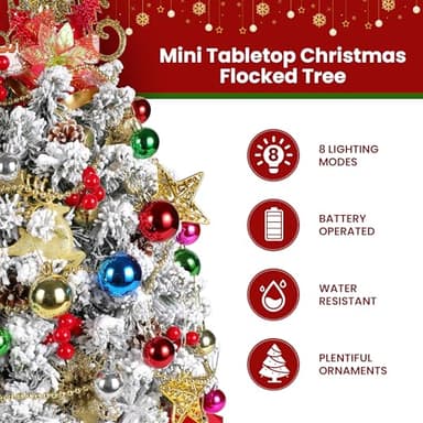 2FT Mini Flocked Christmas Tree With Lights - Prelit Tabletop Tree With 100 Branch Tips and 50+ DIY Ornaments - Indoor Decorations and Gifts for Men Women - Image 2