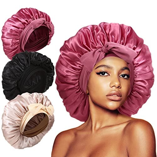 3Pcs Bonnets for Sleeping, Extra Satin Silk Bonnet for Sleeping Women with Tie Band for Curly Hair Jumbo Bonnet Braids - Image 1