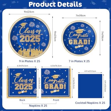 Graduation Plates and Napkins 2025 Graduation Party Supplies, Class of 2025 Congrats Grad Disposable Paper Plates Cocktail Napkins Set for Blue and Gold 2025 Graduations Party Decorations, Serve 25 - Image 3