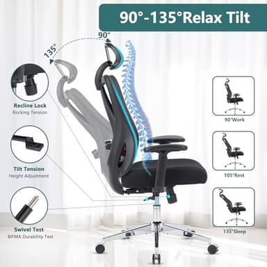 Home Office Desk Chair, Ergonomic Rolling Work Swivel High Back 135°Tilt Function Big and Tall Computer with Wheels, 2D Armrest Adjustable Lumbar Support & Headres, Modern Black - Image 6