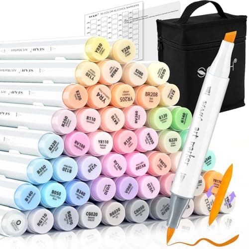 SFAIH Pastel Alcohol Markers Brush Tip - 51 Colors Double Tipped Art Markers for Artist Adult Coloring Illustration, Gifts for Artist Adult, Dual Tip Brush & Chisel, Colorless Blender, Easy Blending - Image 1