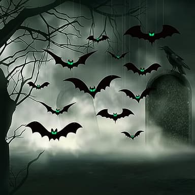 24pcs Halloween Hanging Bats Decorations Outdoor, Halloween Bats Outdoor Decor, 4 Different Sizes with Glowing Eyes for Outside Tree Yard Porch Party Decor - Image 7