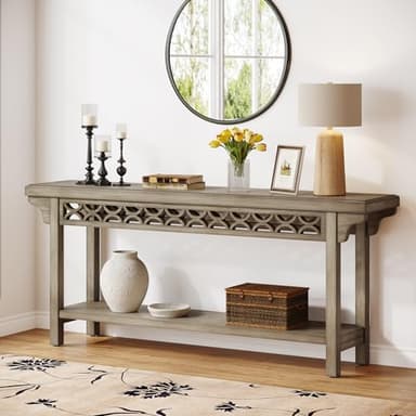 Tribesigns 70.8-Inch Solid Wood Long Console Table, Farmhouse Entryway Table with Storage, Narrow Sofa Table Grey Couch Table for Living Room Entryway Hallway (Gray) - Image 3
