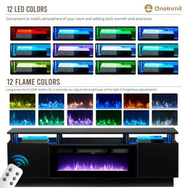oneinmil 2 Tier TV Console Stand with 36" Electric Fireplace, LED Light Entertainment Center for TVs Up to 80" for The Living Room, 70", Black - Image 2
