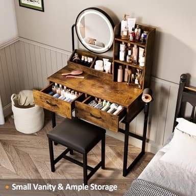 Makeup Vanity Desk with Round Mirror and Lights, White Vanity Makeup Table with 2 Drawers, Small Vanity Table for Bedroom with Lots Storage (Brown and Black, 15.75 * 31.5 * 53.6in) - Image 3