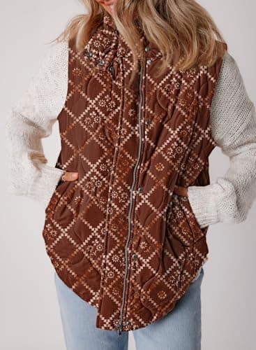 EVALESS Womens Fashion Cropped Puffer Vest Fall 2025 Lightweight Quilted Stand Collar Sleeveless Button Down Flower Jackets Winter Warm Coat Outerwear Gilet with Pockets Brown Medium - Image 5