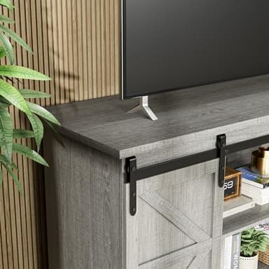 JUMMICO TV Stand for 65 Inch TV, Entertainment Center with Storage Cabinets and Sliding Barn Doors, Mid Century Modern Media TV Console Table for Living Room Bedroom (Pale Gray) - Image 4