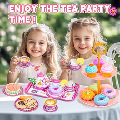Hohosunlar Kids Tea Party Set for Little Girls, Flower Toy Tin Tea Set with Carry Case, Dessert Play Food Tea Cup Set Teapot Girl Jewelry, Birthday for Girls Kids 3 4 5 6 7 Years Old - Image 2