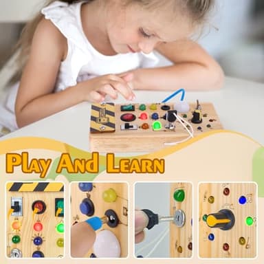 Montessori Wooden Busy Board with 8 LED Light switches, Sensory Toys Light Switch Travel Toys for 1+ Year Old Baby and Toddler - Image 3