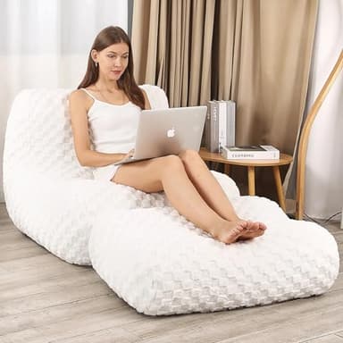 LOVMOC Bean Bag Chair with Footstool, Comfy Reading Sofa Chair for Adults, Modern Floor Sofa for Livingroom, Bedroom, Cream - Image 1