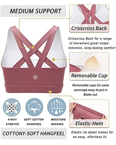 RUNNING GIRL Sports Bra for Women, Criss-Cross Back Padded Strappy Sports Bras Medium Support Yoga Bra with Removable Cups(2575_Rose Red_M) - Image 6