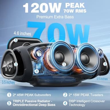 W-KING Portable Speakers Bluetooth Wireless, 120W Max Loud Waterproof Bluetooth Speaker Boombox, IPX6 Party Large Outdoor Speaker,70W Triple Passive Radiator/Subwoofer*2-Deep Bass/DSP/2 Pairing/42H/EQ - Image 2