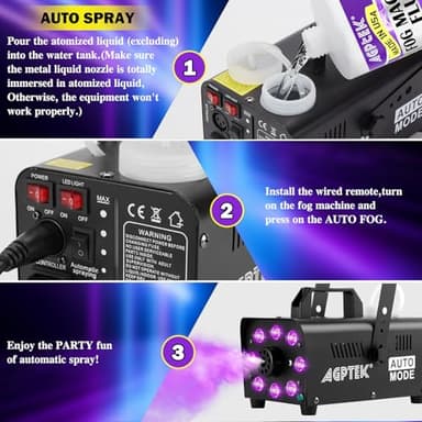 AGPTEK Fog Machine, Smoke Machine with 13 Colorful LED Lights Effect, Auto Mode 2000CFM Fog with 1 Wired Receiver and 2 Wireless Remote Controls, Perfect for Wedding, Halloween, Party and Stage Effect - Image 3