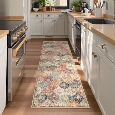 Lahome Moroccan Trellis Washable Runner Rug, 2x6 Kitchen Runners for Hallways 6 Feet Non Slip, Vintage Laundry Room Rug Ultra-Thin Long Carpet for Bathroom Bedroom Entryway, Cream/Multi - Image 5