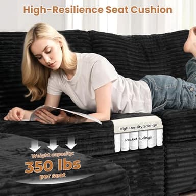 ovios Modular Sectional Sofa Couch with Sofa Bed L-Shape Chaise, Comfy Plush Corduroy Cloud Couches, Modern Deep Seat Sofas Set for Living Room, 6-Seater, Black - Image 5
