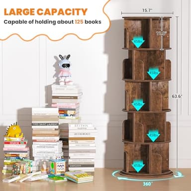 Besiost Rotating Bookshelf Tower, 5 Tier Spinning Bookcase, Revolving 360 Book Shelf Narrow Tall Bookcase, Vertical Turning Round Bookshelf Organizer, Corner Book Shelf for Small Space, Rustic Brown - Image 3