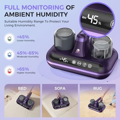 Amzany Mattress Vacuum Cleaner - 5-in-1 Cordless Bed Vacuum Cleaner, Powered by UV-C Light & Ultrasonic Technology, 16Kpa Strong Suction,Low Noise,Suitable for Dust, Pet Hair, Etc - Purple - Image 4