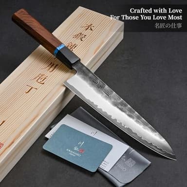 KAWAHIRO Japanese Chef Knife, 210mm Black Forged VG10 Kitchen Knife, Handcrafted Professional Chefs Knife with Ergonomic Handle, Perfect Birthday Gifts for Men Women, Luxury Gift Wood Box - Image 7