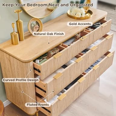 T4TREAM Fluted 7 Drawers Dresser for Bedroom, 54" Wide Modern Dresser TV Stand, Gold Accents, Fluted Fronts, Wood Storage Dressers Organizer for Bedroom, Living Room, Natural Oak - Image 4