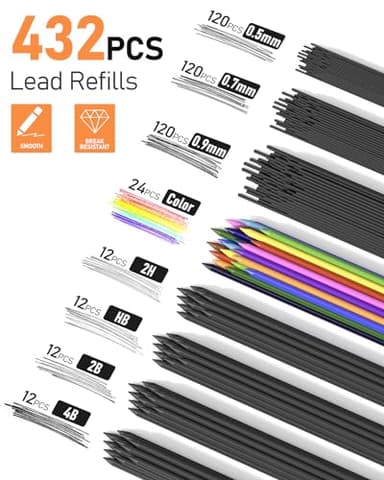 Four Candies 25PCS Art Mechanical Pencil Set with Case, 3PCS Metal Artist Lead Pencil 0.5, 0.7, 0.9 mm & 3PCS 2mm Holder (HB 2H 2B 4B Color) with 432PCS Graphite Lead Refills for Drawing Sketching - Image 2