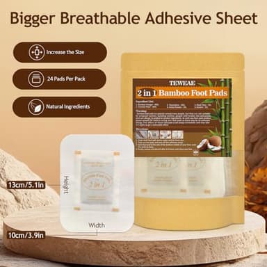TEWEAE 2 in 1 Foot Pads, 24Pads Bamboo Vinegar Coconut Shell Powder Feet Pads with ''Stay in Place'' Bigger Adhesive Sheet - Image 7