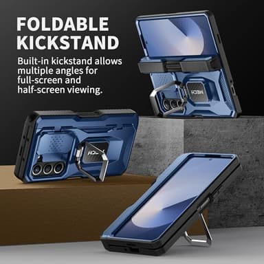TONGATE for Z Fold 6 Case with Ring Stand, Built-in S Pen Holder & Glass Screen Protector Shockproof Rugged Z6 Phone Case with Slide Camera Cover & Belt Clip for Samsung Galaxy Z Fold 6 2024, Blue - Image 4