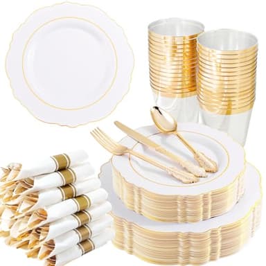 Liacere 350PCS Gold Plastic Plates-Disposable White and Gold Plates 50guest Baroque Plastic Dinnerware include 100Plates, 50Pack Pre Rolled Napkins with Silverware 50Cups for Wedding&Fall Decor - Image 1