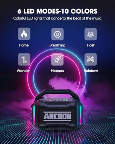 ANCOON Speakers Bluetooth Wireless: 80W(Peak) Loud Speaker with Bass, 20H Playtime, IPX6 Waterproof, Large Jobsite Speakers for Work, Outdoor, Workshop, Garage, Portable Speaker with TWS (Black) - Image 6