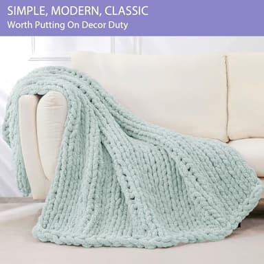 Bigacogo Chunky Knit Throw Blanket for Couch, 40x80 inches, 100% Hand Knitted with Thick Jumbo Chenille Yarn, Cozy Soft Large Rope Knot Cable Crochet Blankets for Sofa Bed Living Room, Mint - Image 3