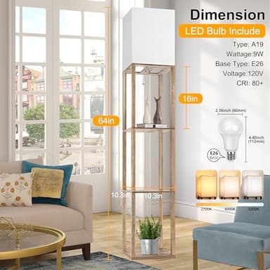 Floor Lamp with Shelves for Living Room Natural Wood, Shelf Floor Lamp with 3 CCT LED Bulb, Corner Display Standing Column Lamp Etagere Organizer Tower Nightstand with White Linen Shade for Bedroom - Image 4