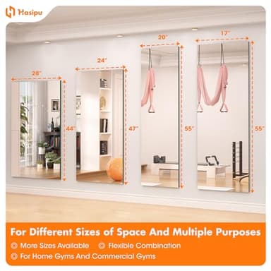 Hasipu Home Gym Mirror 48" L x 24" W - 2PCS Large Full Body Mirror for Yoga, Wall-Mounted Mirrors for Fitness, Garage, Dance Studio, 0.16in Tempered Glass Frameless - Image 8