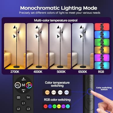 QiMH RGB Floor Lamp for Living Room, 36W LED Standing Lamp with 3 Lights, Dimmable Smart Lamp with Remote & Touch Control, Colors Changing& DIY Mode, Modern Tree Tall Lamp for Bedroom, Black - Image 3