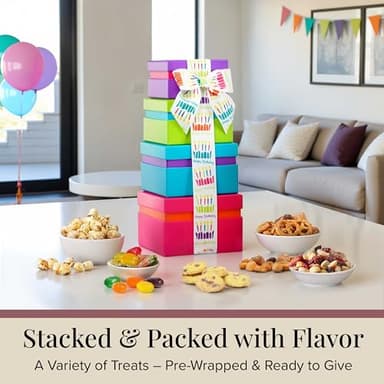 Broadway Basketeers Birthday Gift Basket Tower - Birthday Snack Box with Sweet and Savory Treats for Men, Women, & Kids - Image 3