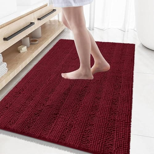 Grandaily Chenille Striped Bathroom Rugs 59x35, Extra Thick and Absorbent Bath Mats, Non-Slip Soft Plush Shaggy Shower Carpet, Machine Wash Dry, Bath Rug for Bathroom, Burgundy - Image 1