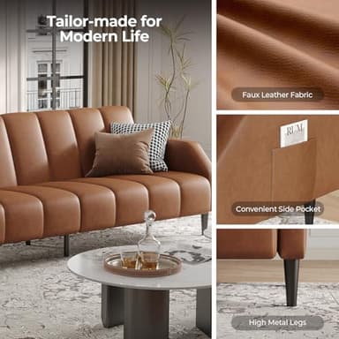 Fadware Faux Leather Couch, Convertible Futon Sofa Bed with Adjustable Backrest, Mid Century Leather Sofa Loveseat with Side Pockets& Metal Leg, Modern Leather Sleeper Sofa for Living Room Bedroom - Image 4