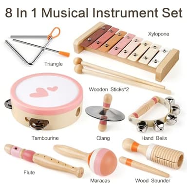 Musical Instruments for Girls - Toys for 2 3 Year Old Girl Birthday Gifts - 8 in 1 Wooden Montessori Musical Set with Xylophone/Tambourine/Maracas/Flute for Toddler 2-4(Pink) - Image 3