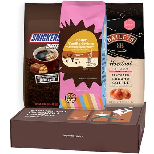 Perfect Samplers Flavored Ground Coffee Gift Box Variety Pack, Snickers, Baileys Hazelnut, French Vanilla, Medium Roast Ground Coffee Sampler, 3 Pack - Image 1